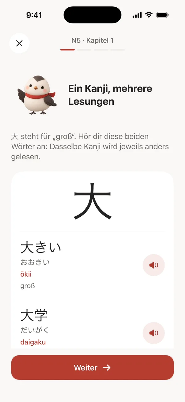 Bildschirmaufnahme: Sumis Spatz erklärt vor der ersten Lektion die Lesungen der Kanji