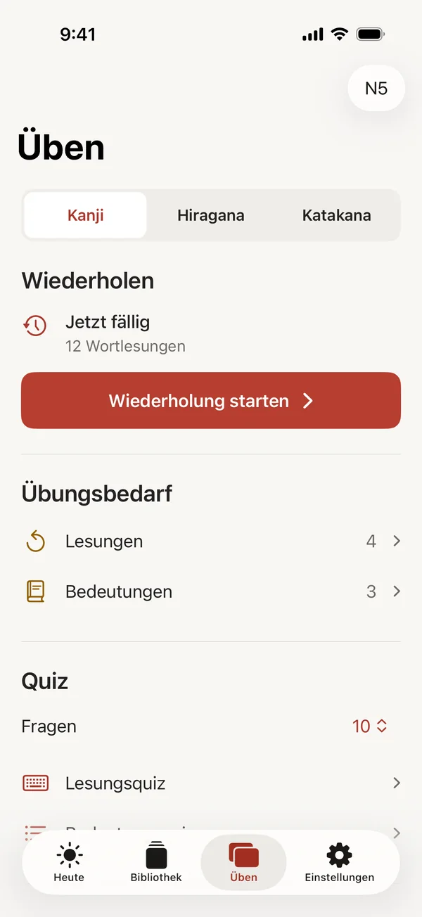 Die Ansicht „Üben“ mit fälligen Wiederholungen und Wörtern mit Übungsbedarf