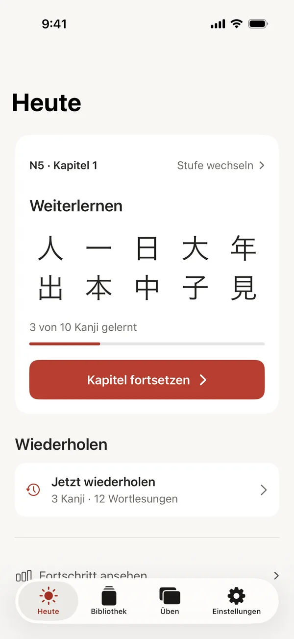 Die Ansicht „Heute“ mit dem nächsten Kapitel und fälligen Wiederholungen