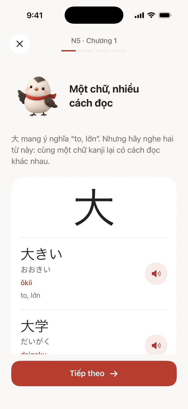 Video quay màn hình: chú chim sẻ của Sumi giới thiệu cách đọc Kanji trước bài học đầu tiên