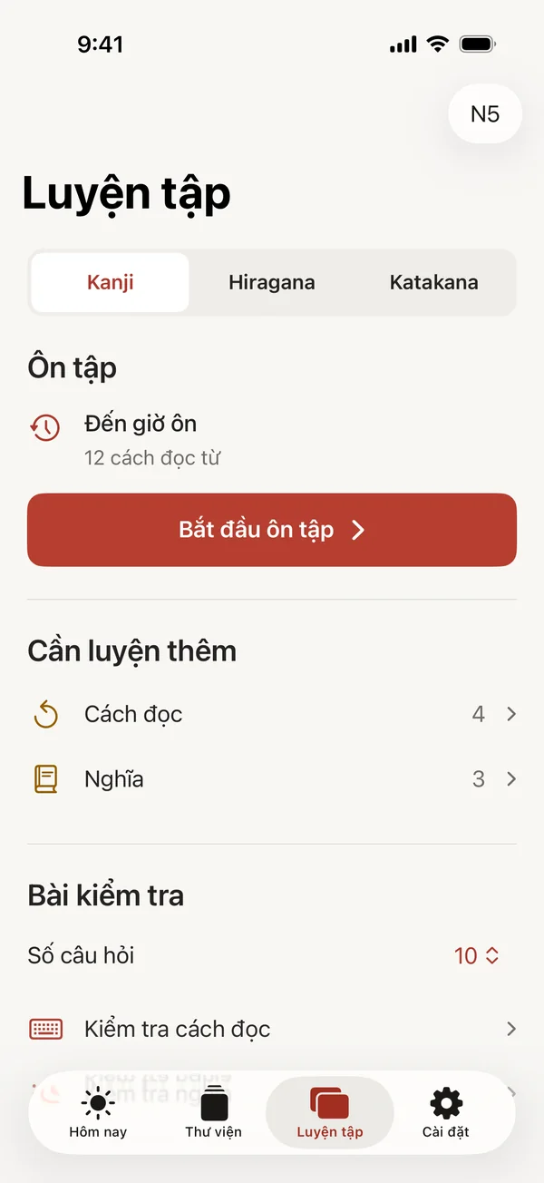 Màn hình Luyện tập với các thẻ đến hạn ôn và những từ cần luyện thêm