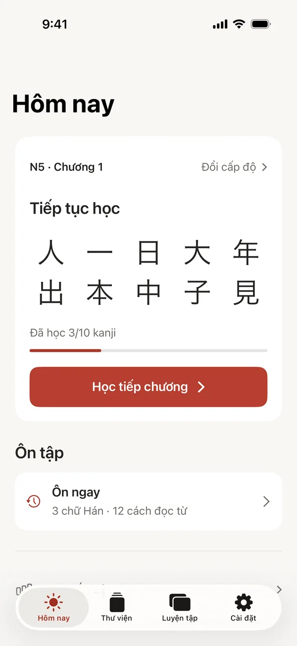 Màn hình Hôm nay với chương tiếp theo và các thẻ đến hạn ôn